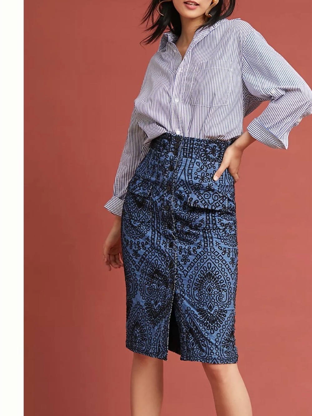 Anthropologie Embroidered denim Tracy Reese Patterned Pencil Skirt eyelet